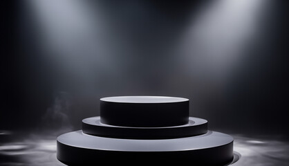 gray and dark smoke stage background. Podium black dark grey smoke background product platform abstract stage texture fog spotlight.