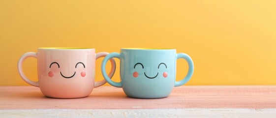 Two couple cups with smiley faces on a desk. International Friendship Day Concept.