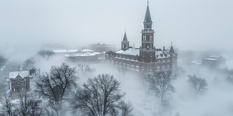 Enchanting Winter Wonderland: Snow-Enveloped Castle Amidst a Mystical Foggy Landscape