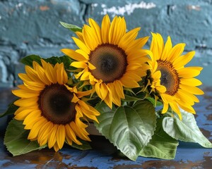 Vibrant Sunflowers Arrangement Against a Rustic Blue Stone Background