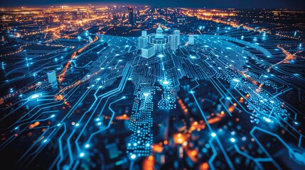 Aerial View of a Vibrant Cityscape Illuminated in Blue at Night, Resembling Circuitry
