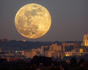 Stunning Supermoon Rising Over Urban Skyline at Dusk, Highlighting City's Architectural Beauty