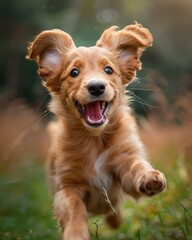 Puppy in mid-leap, ears flapping, mouth open in a joyful expression as it races towards its owner