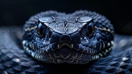 Obraz premium Illustrate a closeup of a rattlesnakes head and fangs, centered on a black background, ideal for a banner with text overlay