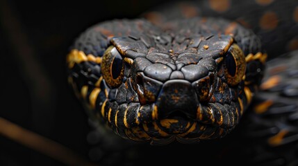 Fototapeta premium Illustrate a closeup of a rattlesnakes head and fangs, centered on a black background, ideal for a banner with text overlay