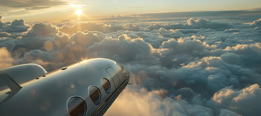 Air plane flies in the sky above the clouds, beautiful sunset, atmosphere view