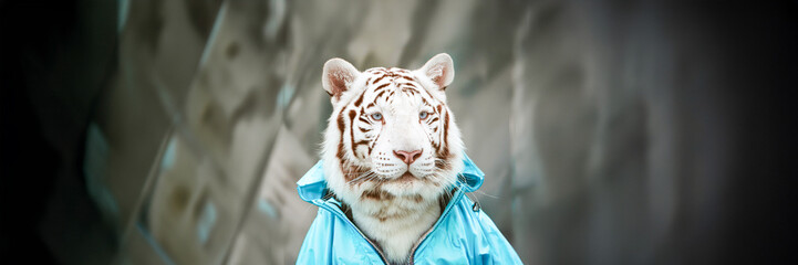 fashion white tiger portrait with a blue turquoise vest
