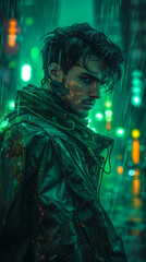 a dark-haired futuristic male dystopian trader