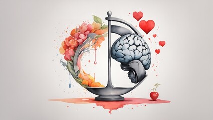 balance your life, logic and feel concept with heart and brain in hands at grey background watercolor Painting

