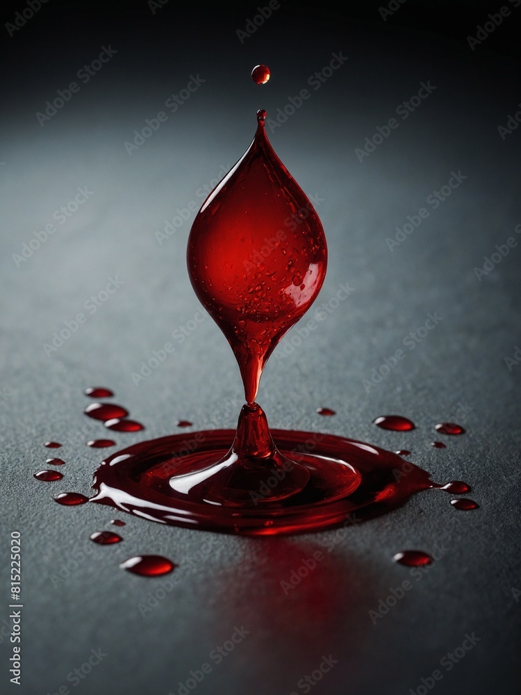 Poster moment of dynamic stillness captured as droplet of red liquid forms elegant, teardrop shape mid-air.