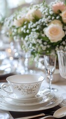 Elegant wedding table setting with floral teacups and roses in a softly lit environment