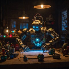 Fototapeta premium Large robot, illuminated by blue lights, stands as focal point in room filled with smaller robots. Room, dimly lit, adorned with wooden surfaces, exudes aura of antiquity. Robots.