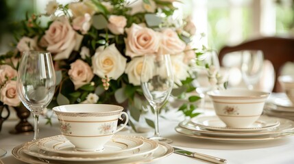 Elegant wedding table setting with floral teacups and roses in a softly lit environment