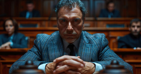 A serious man in a courtroom setting. Generated by AI.