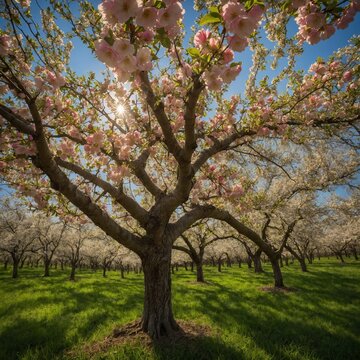 Sunlight filters through blossoms of tree, casting warm glow that illuminates vibrant pink flowers, highlights their delicate petals. Tree stands prominently in foreground.