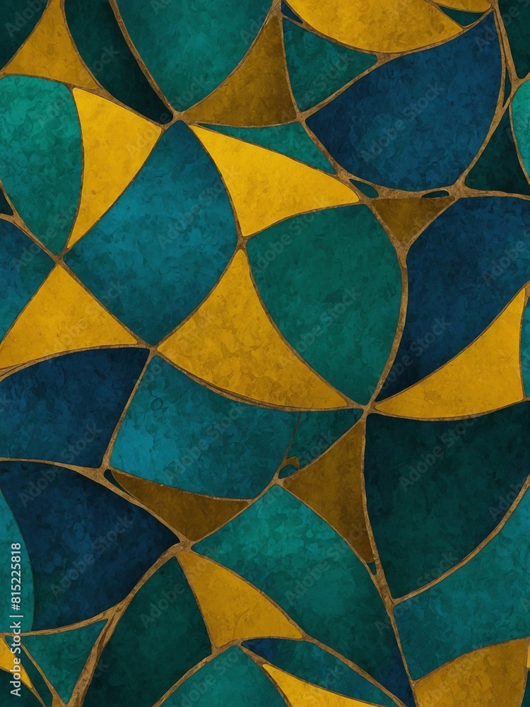 Poster mesmerizing pattern of interlocking shapes fills view, where rich hues of teal, golden yellow separa