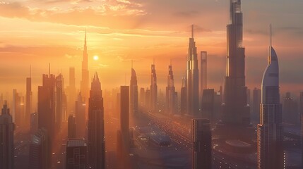 Dubai city 3d concept background. amazing city center skyline with luxury skyscrapers at sunrise, United Arab Emirates