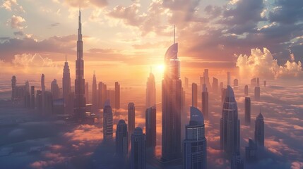 Dubai city 3d concept background. amazing city center skyline with luxury skyscrapers at sunrise,...
