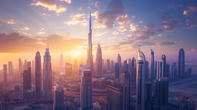 Dubai city 3d concept background. amazing city center skyline with luxury skyscrapers at sunrise, United Arab Emirates