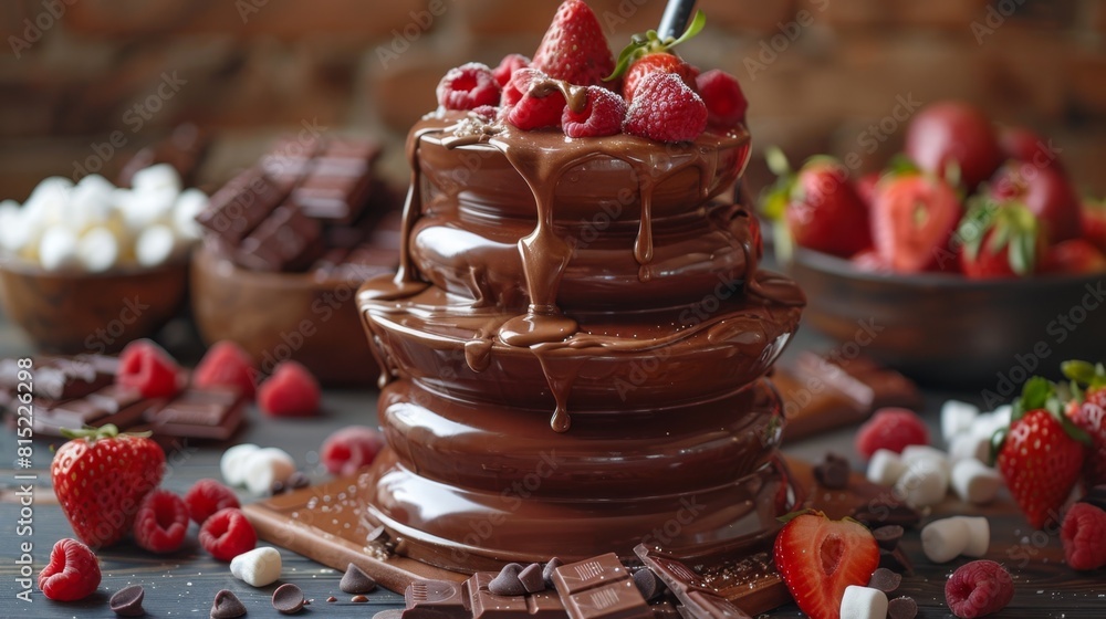 Poster world chocolate day celebrations, celebrate world chocolate day with a delectable chocolate fondue fountain, surrounded by fresh fruits and marshmallows, topped off with a festive banner