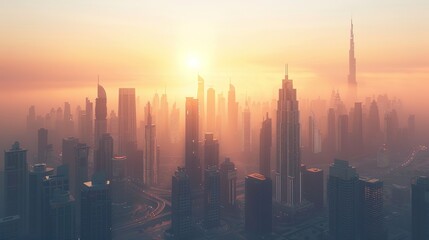 Dubai city 3d concept background. amazing city center skyline with luxury skyscrapers at sunrise, United Arab Emirates
