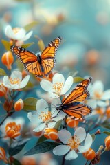 Monarch butterflies feeding on orange blossoms, capturing the delicate interaction and complementary colors