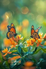 Monarch butterflies feeding on orange blossoms, capturing the delicate interaction and complementary colors