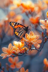 Monarch butterflies feeding on orange blossoms, capturing the delicate interaction and complementary colors