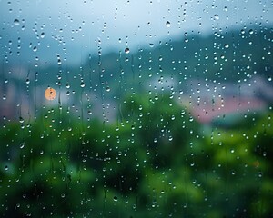 raindrops streaking down a window, with a blurred, gray landscape in the background