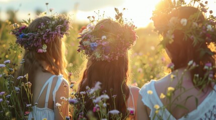 Women wearing flower wreaths gathered on a sunlit meadow adorning themselves with floral crowns that symbolize the spirit of the summer solstice