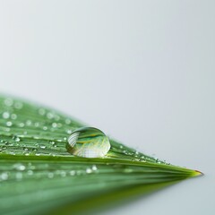 Glistening raindrop resting on the surface of a vibrant green leaf