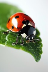 Ladybug as it crawls along the edge of a green leaf