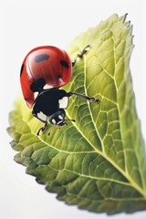 Ladybug as it crawls along the edge of a green leaf
