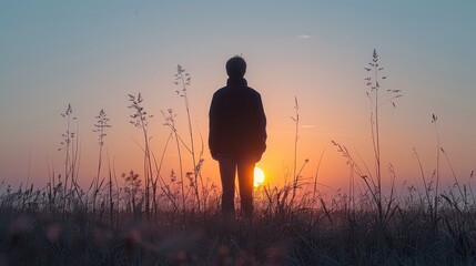 Solitary figure standing in contemplation at sunrise, representing the inspiration found in nature's beauty