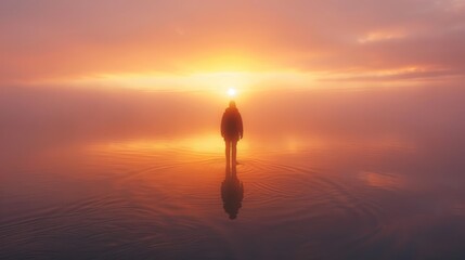 Solitary figure standing in contemplation at sunrise, representing the inspiration found in nature's beauty