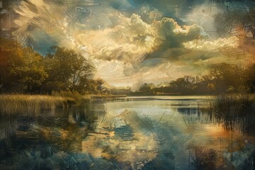 A picturesque landscape where you can see a calm lake surrounded by nature. The foreground shows water that reflects the sky and trees on the shore