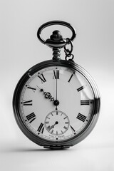 Elegant pocket watch against a white background, emphasizing the contrast between its timeless design and the minimalist setting