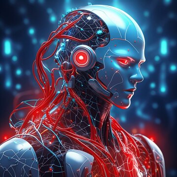 Artificial Intelligence robot evil menacing futuristic blue background glowing red blood vessels