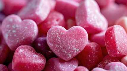 The close up view of picture of a lot of the pink candy, sweet, sugar, and jelly that has been put around the table or floor and gathered together and has been filled with various type sweet. AIGX01.