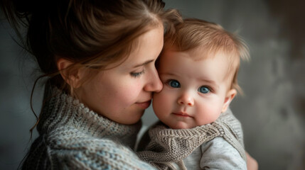 portrait of a mother holding a baby and looking at her eyes, Mother's Day.