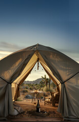 A modern canvas glamping tent in Joshua tree is comfortably furnished -  warm glowing string lights, a beautiful mountain view from the patio at an Eco resort, luxury camping, lush life safari tent