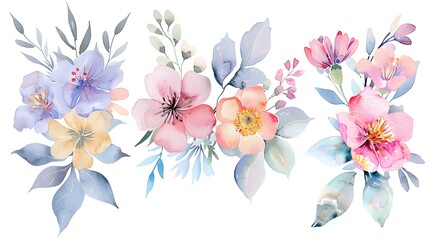 Watercolor colorful spring floral Pastel Leaves and flowers elements isolated on background, bouquets greeting or wedding card decoration.