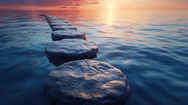 Abstract visualization of life milestones as stepping stones over a calm sea, wisdom journey, dawn light, front view