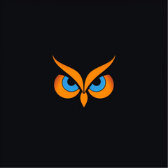 Owl logo design, simple lines, vector graphics, symmetrical composition, flat , dark background color scheme, orange and blue tones of owl eyes, abstract outline shapes.
