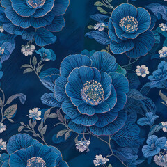 Seamless blue flowers pattern, fantasy floral wallpaper. Generative ai