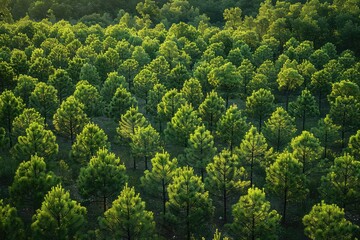 Naklejka premium Aerial view of a reforestation project, showing patterns of newly planted trees, ecological restoration, bright daylight