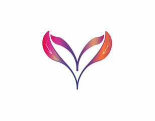 Logo design, simple and elegant lines with a gradient color scheme in red, purple, pink and orange. A flat line drawing of two leaves intertwined to form the letter "V" on a white background