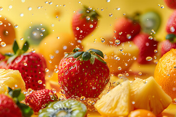 A vibrant explosion of strawberries, pineapple, oranges, and kiwis, drenched in a refreshing water splash