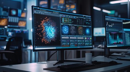 Multiple computer monitors lit up in a dark room, displaying various images and data