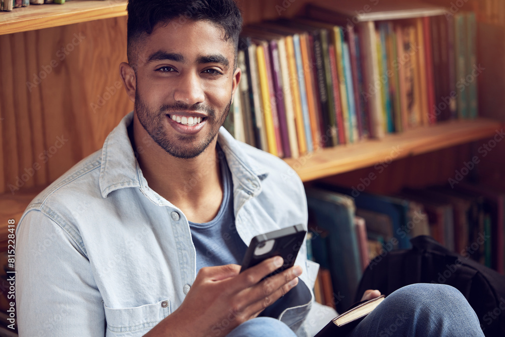 Poster shelf, library and portrait for phone, man and student in college of massachusetts, knowledge and in